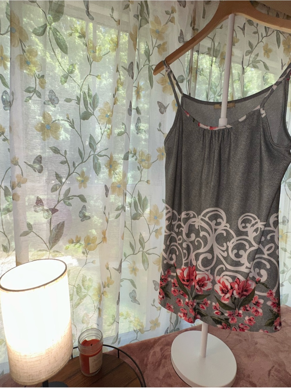 Grey Floral-Trim Women's Camisole Tank Top with Pink Floral Hem